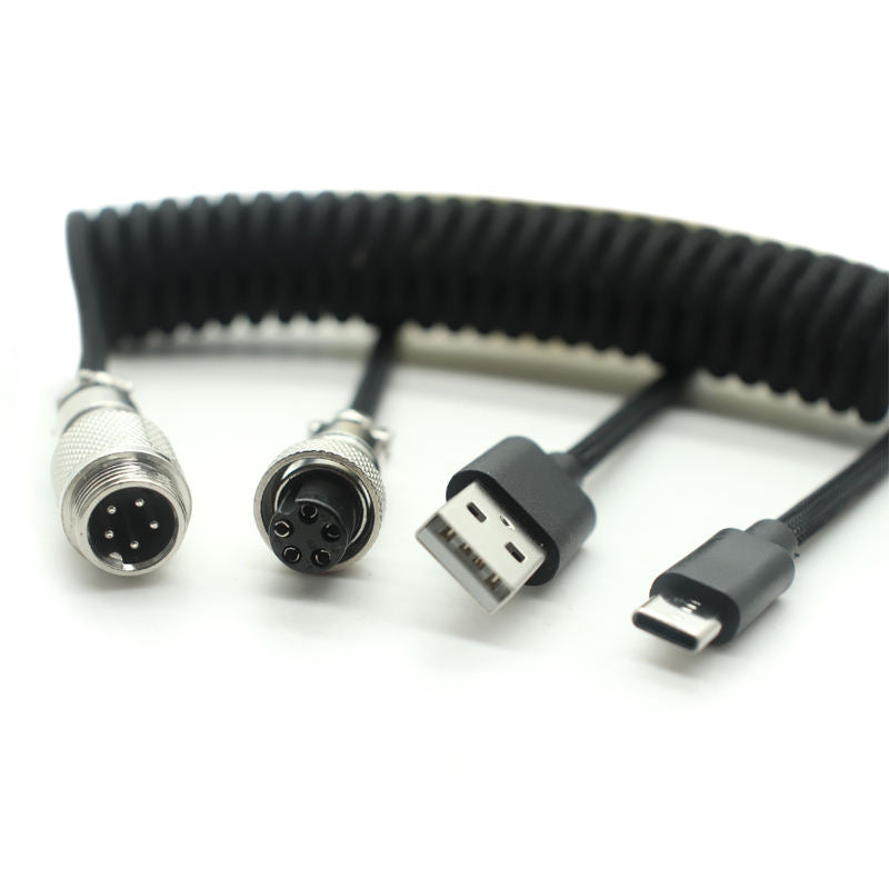Coiled Spring USB A to USB-C Aviation Plug Cable, Detachable Metal Connector Mechanical Keyboard Spiral Cord