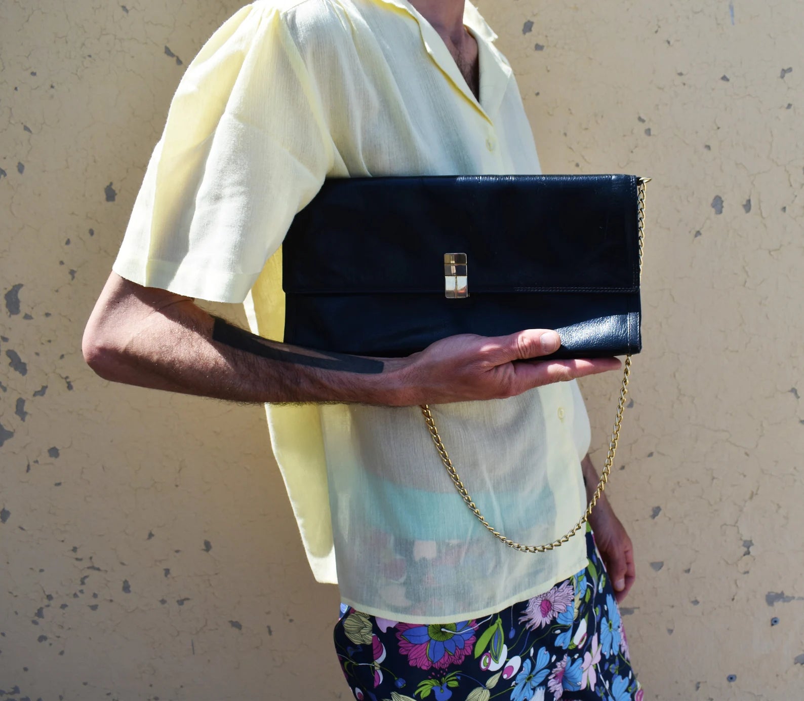 Black Leather Geometric Gold Lock Rectangular Flap Clutch Bag