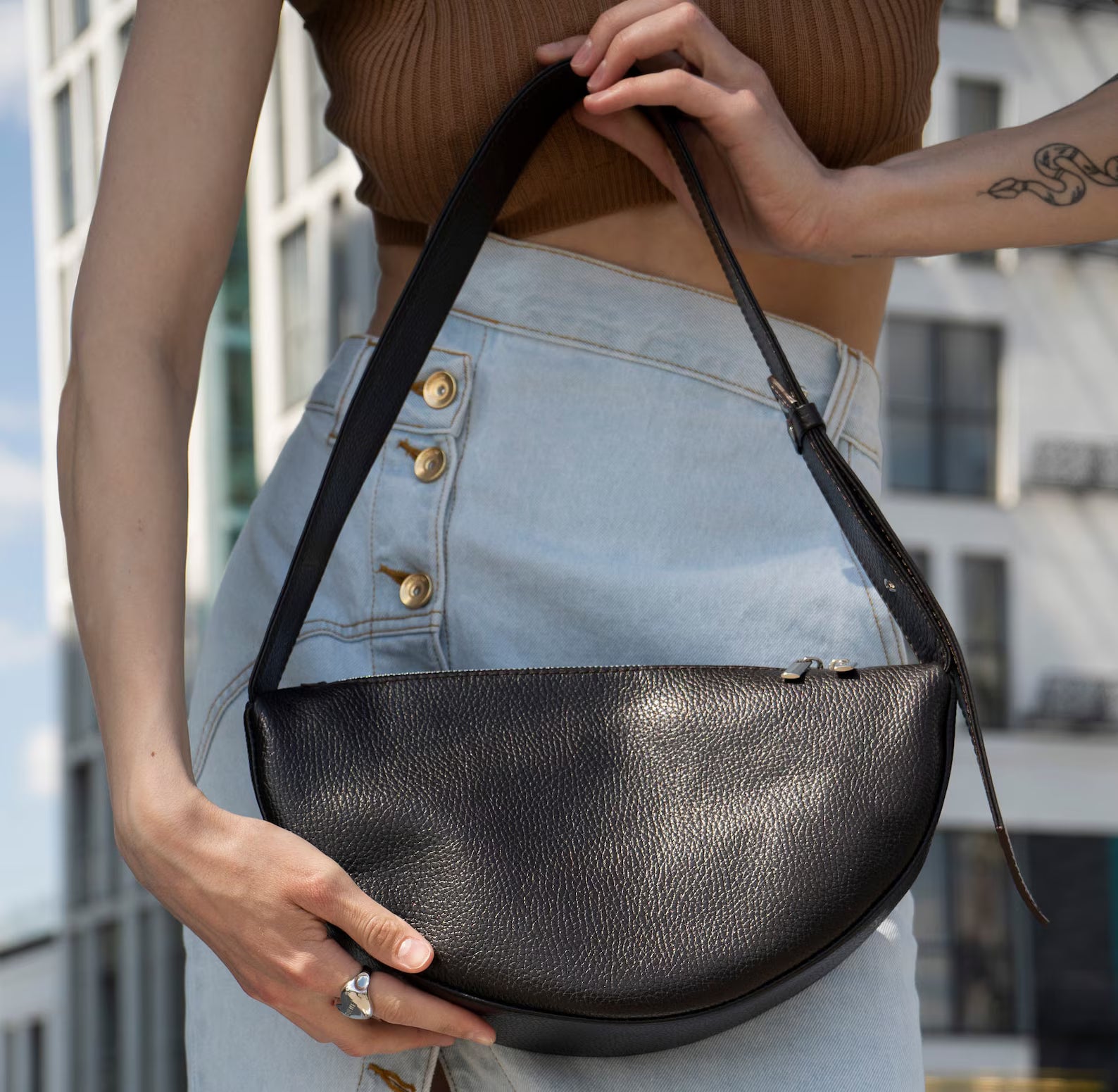 Pebble Leather Crescent Adjustable Wide Strap Crossbody Hobo Bag