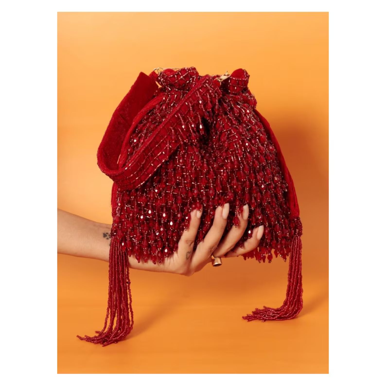 Red Beaded Fringe Potli Party Clutch Bag