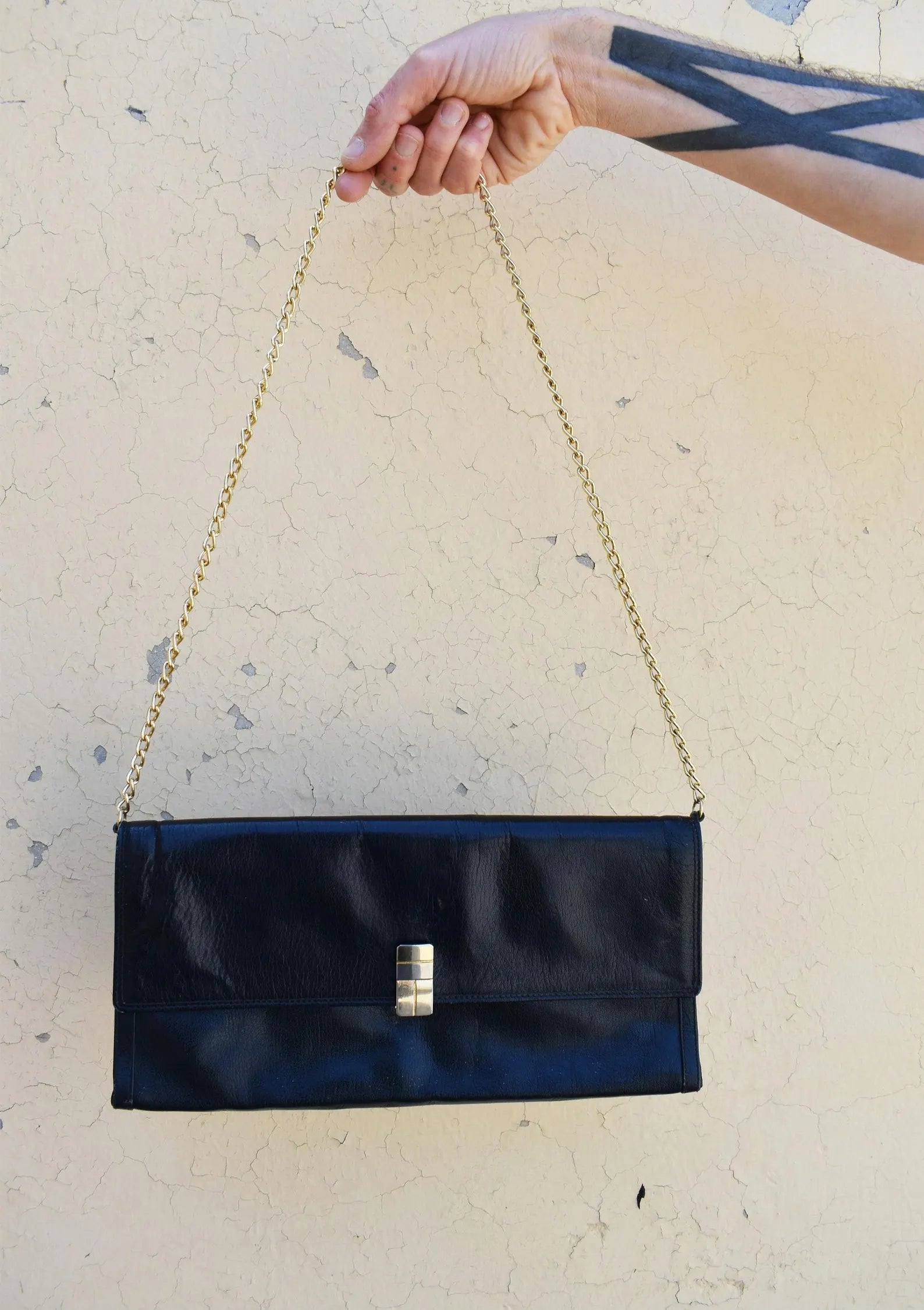 Black Leather Geometric Gold Lock Rectangular Flap Clutch Bag