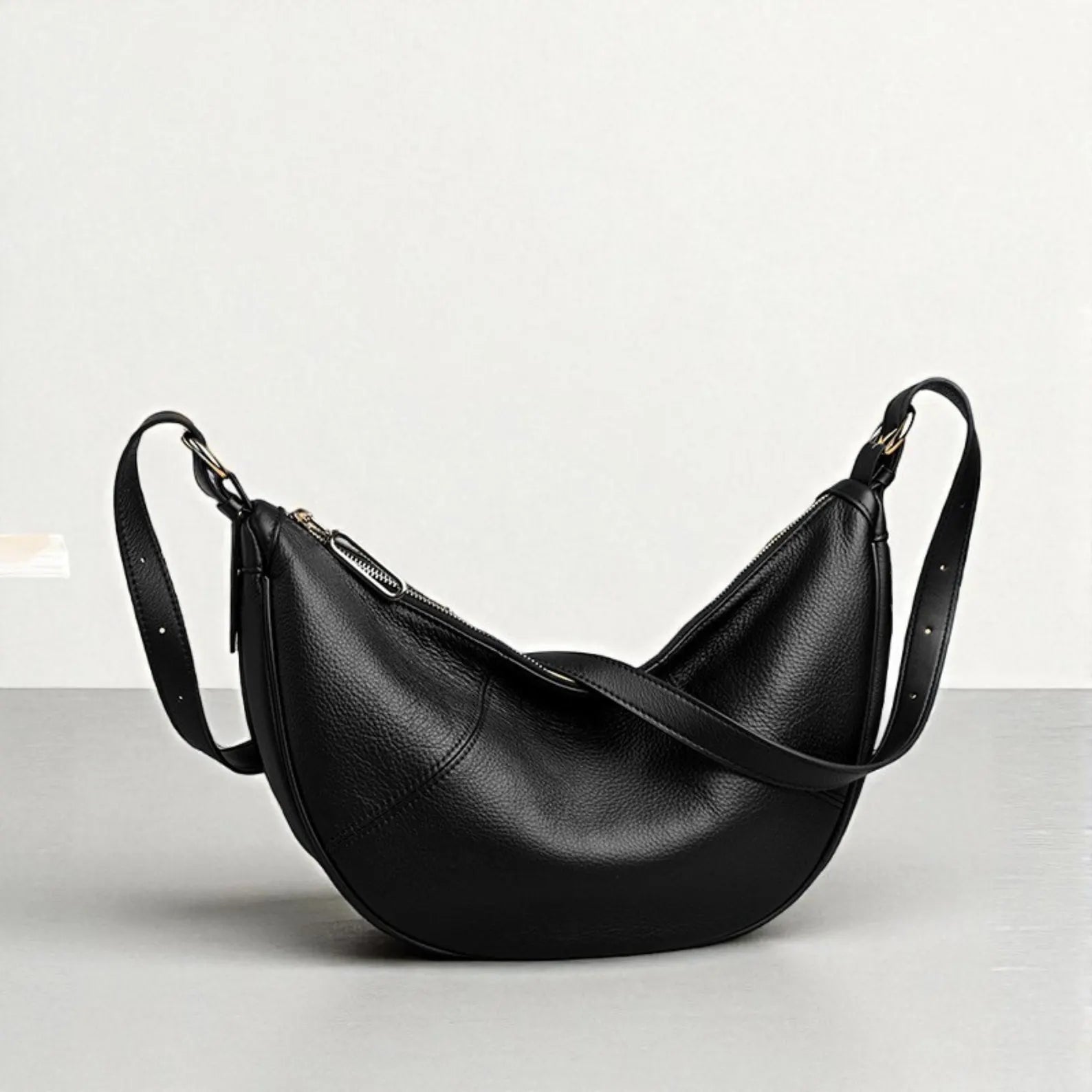 Pebble Leather Curved Crescent Crossbody Hobo Bag