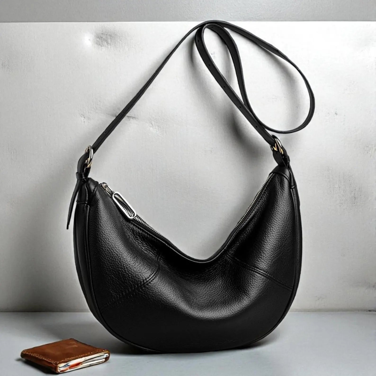 Pebble Leather Curved Crescent Crossbody Hobo Bag