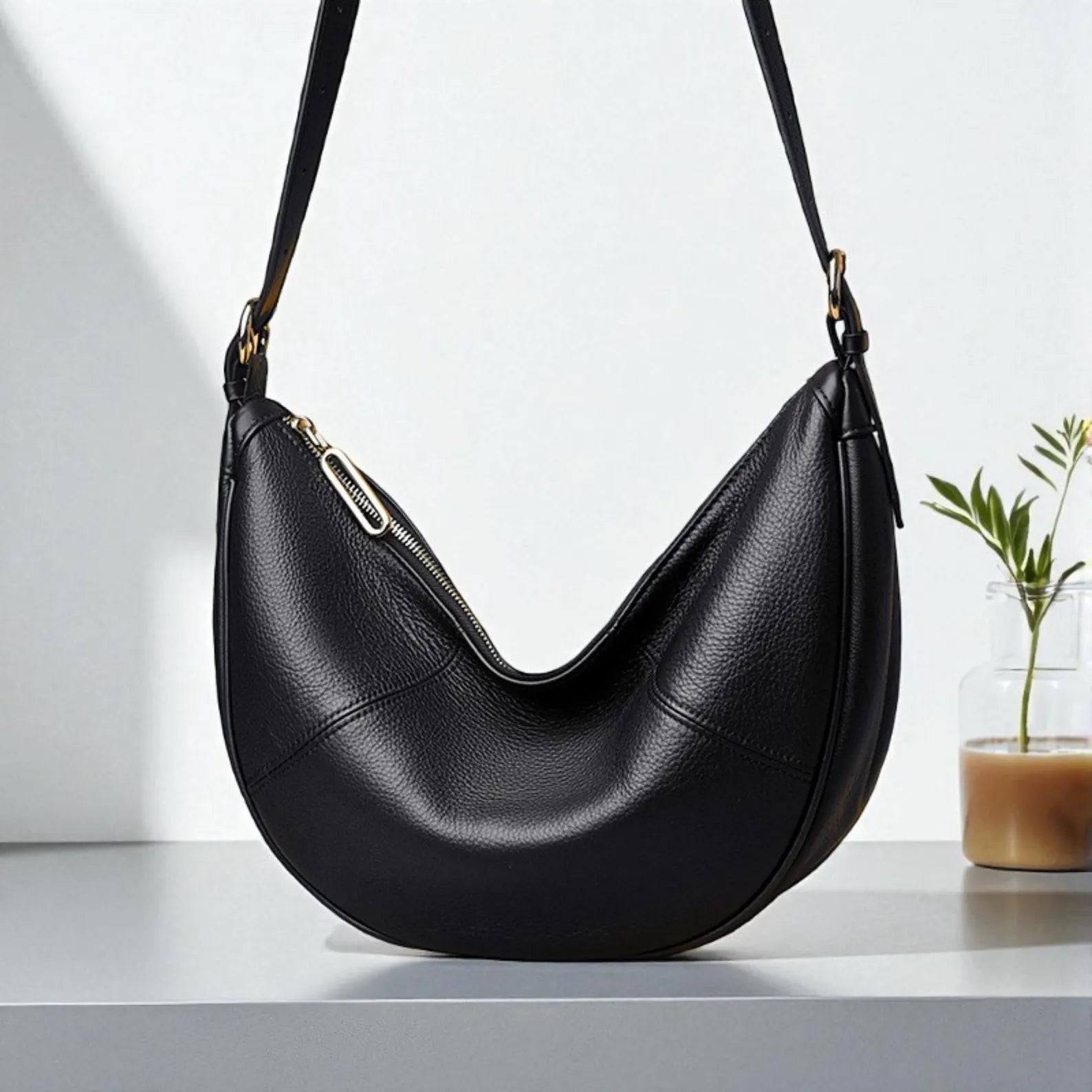 Pebble Leather Curved Crescent Crossbody Hobo Bag
