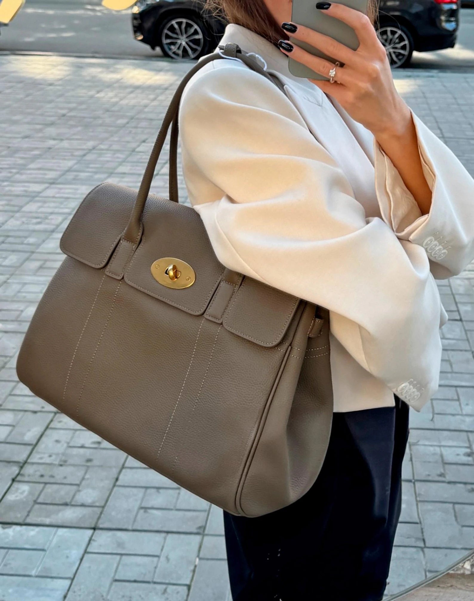 Full Grain Cow Leather Gold Turn Lock Large Work Shoulder Bag