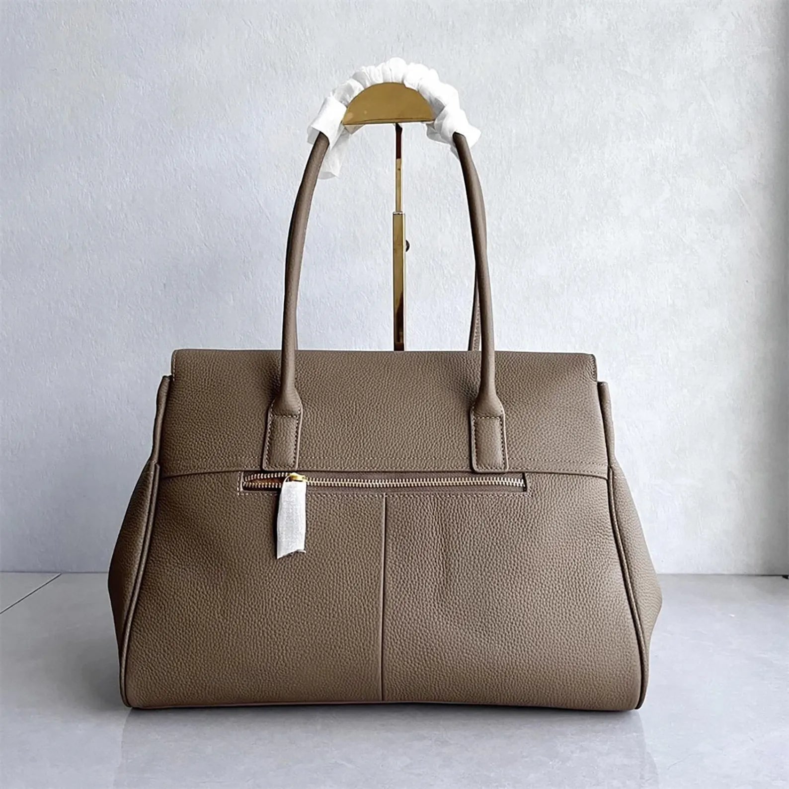 Full Grain Cow Leather Gold Turn Lock Large Work Shoulder Bag