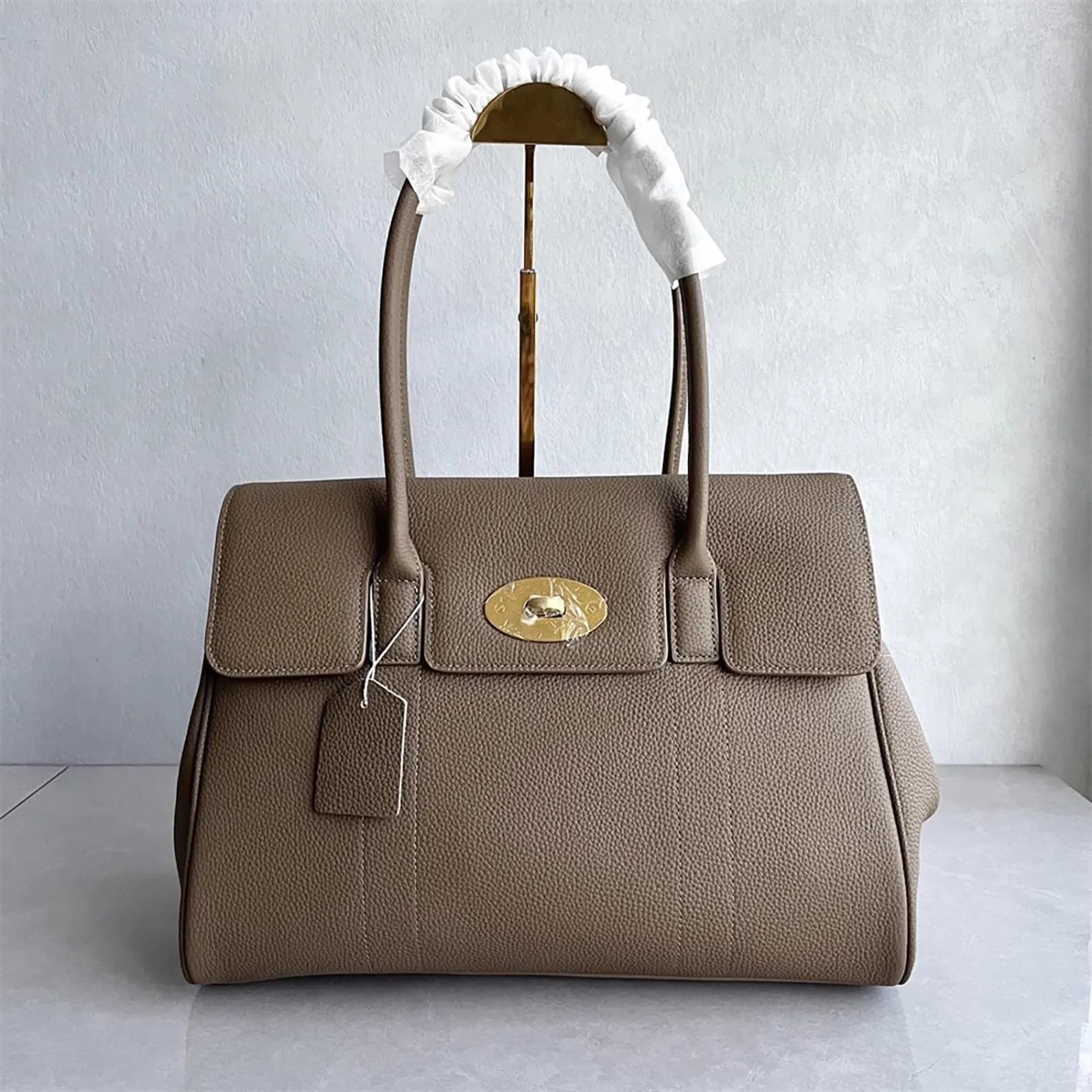 Full Grain Cow Leather Gold Turn Lock Large Work Shoulder Bag
