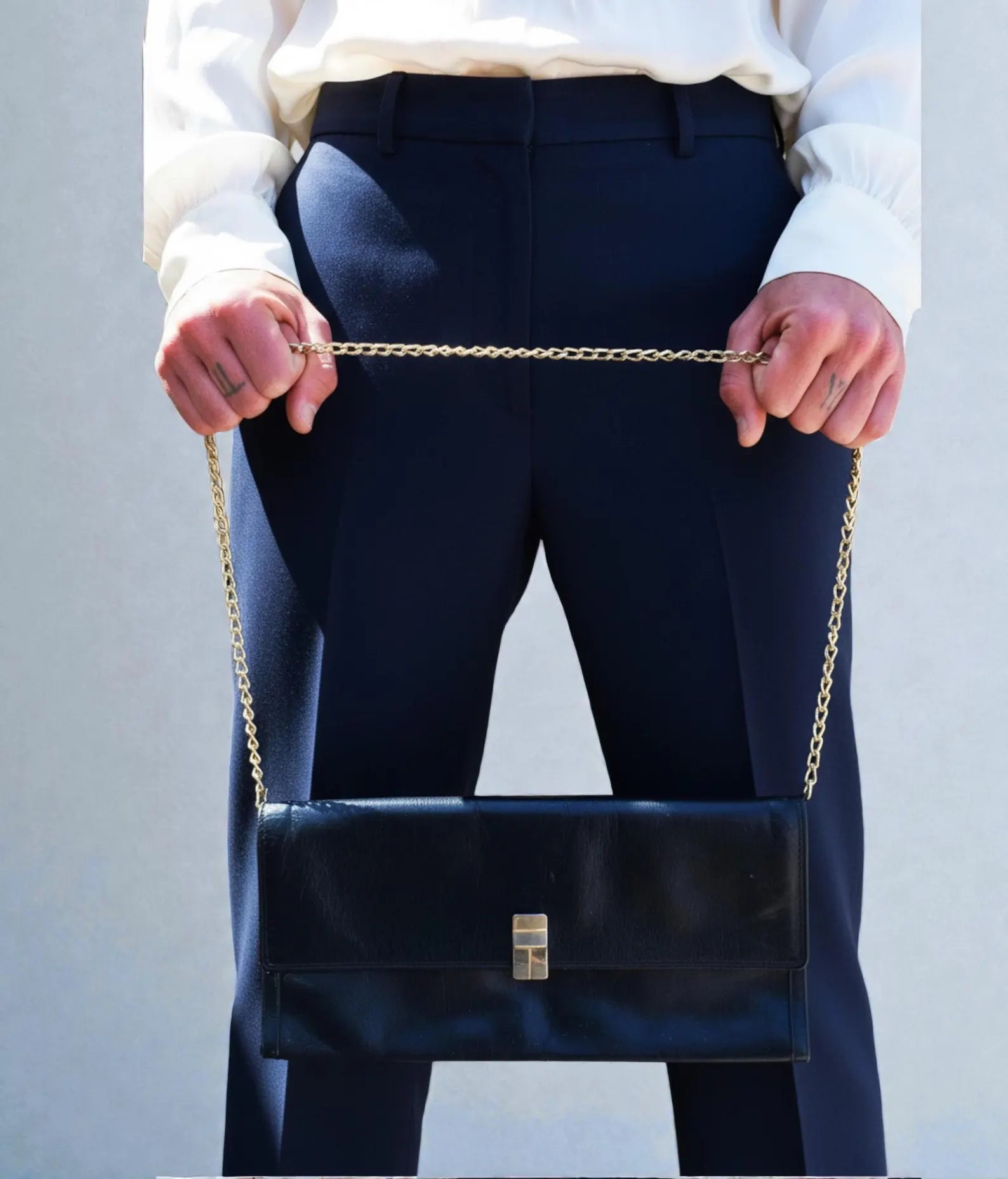 Black Leather Geometric Gold Lock Rectangular Flap Clutch Bag