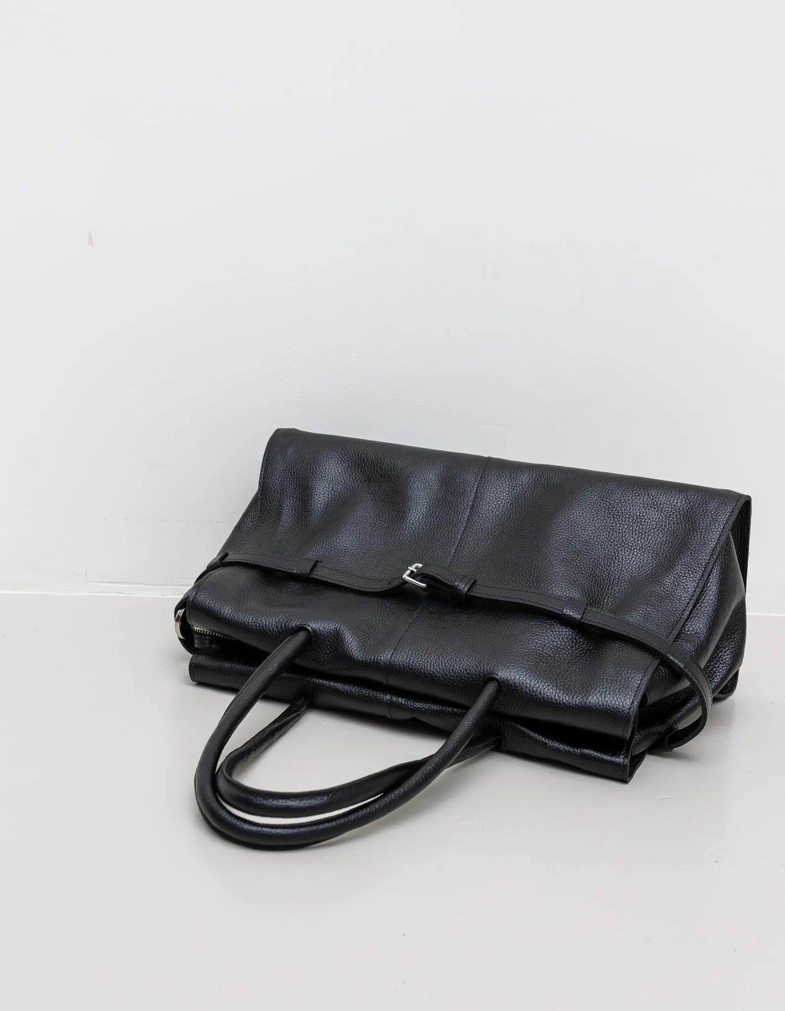 Large Genuine Leather Belt Detail Convertible Work Tote Bag