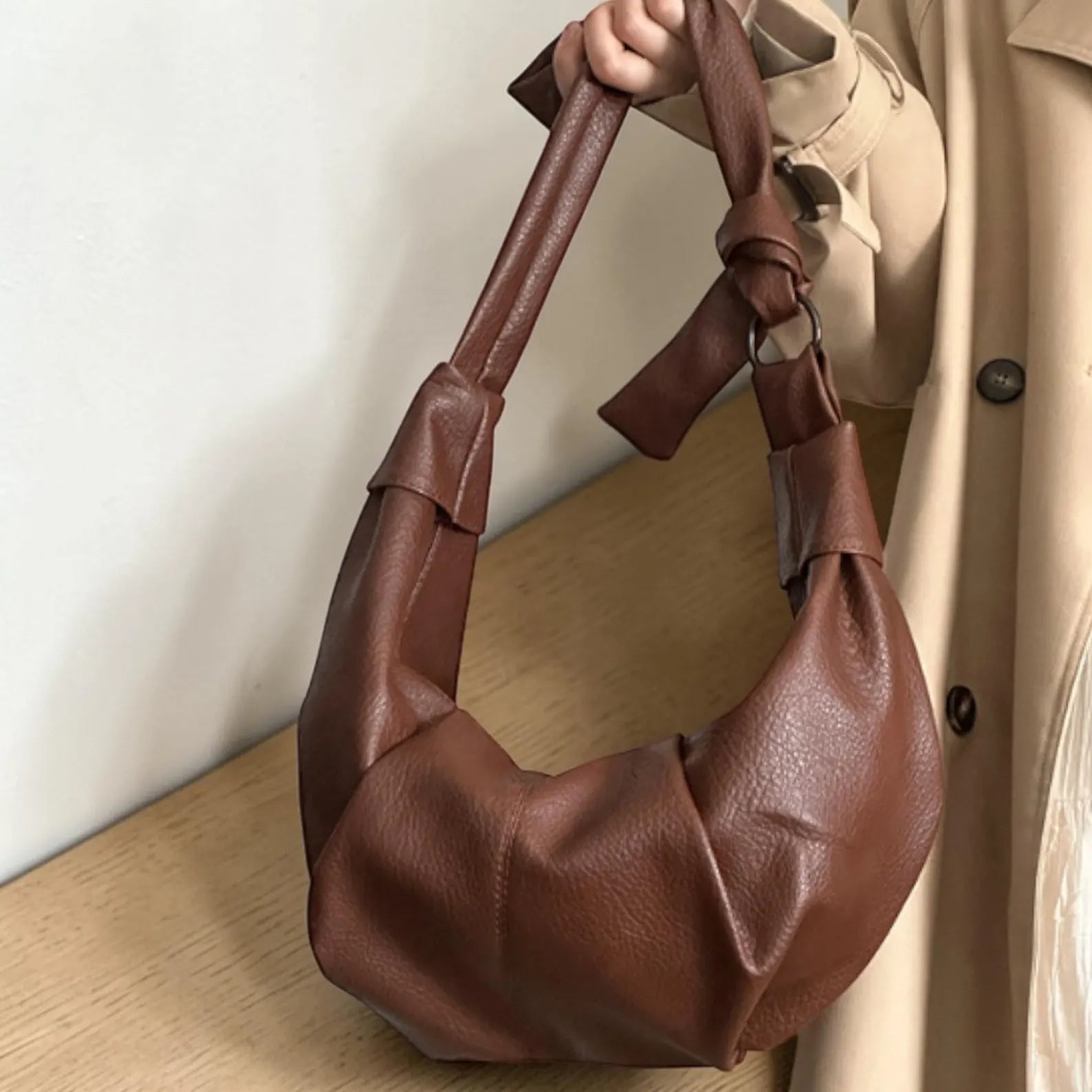 Knot Detail PU Leather Crescent Crossbody Hobo Bag