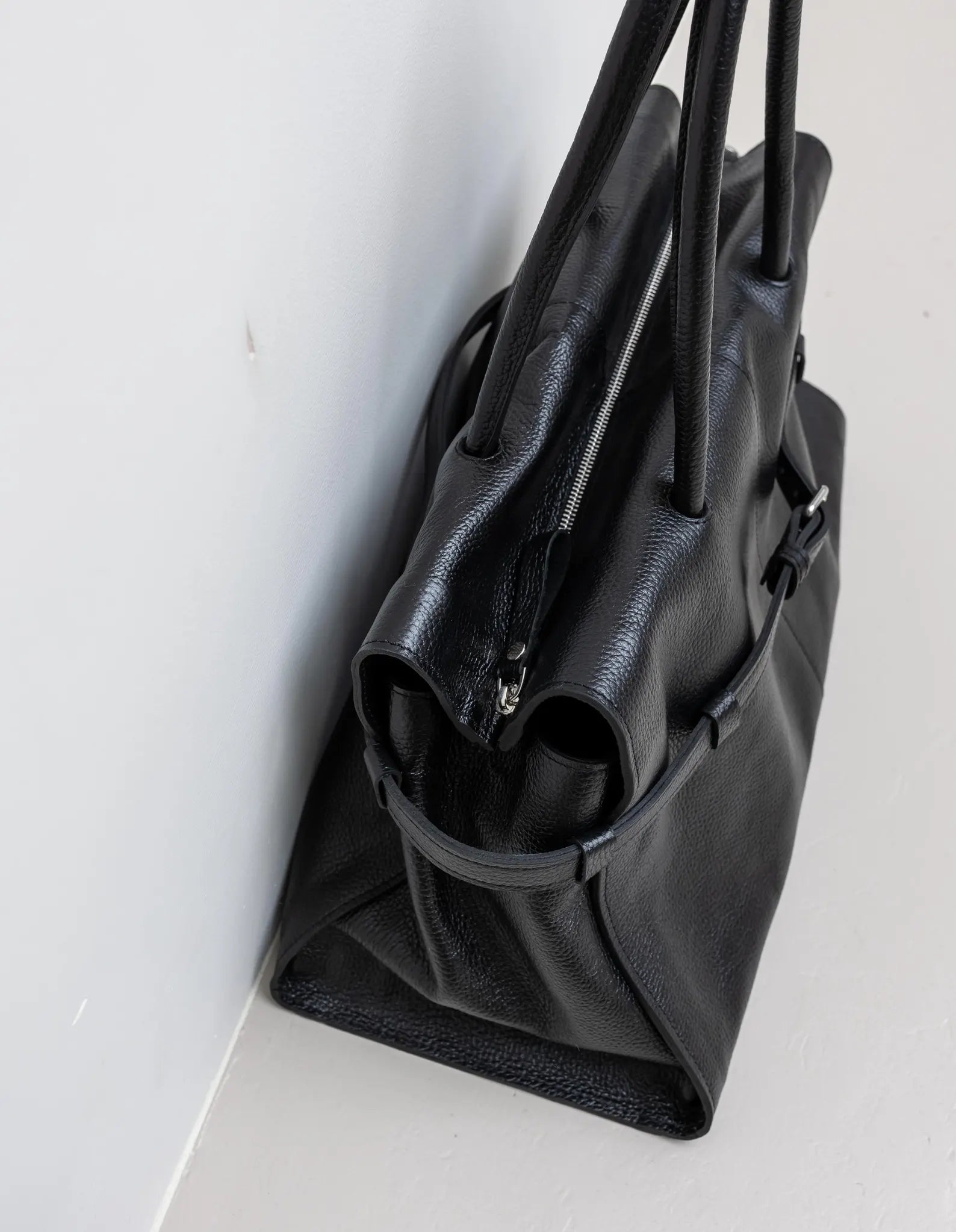 Large Genuine Leather Belt Detail Convertible Work Tote Bag