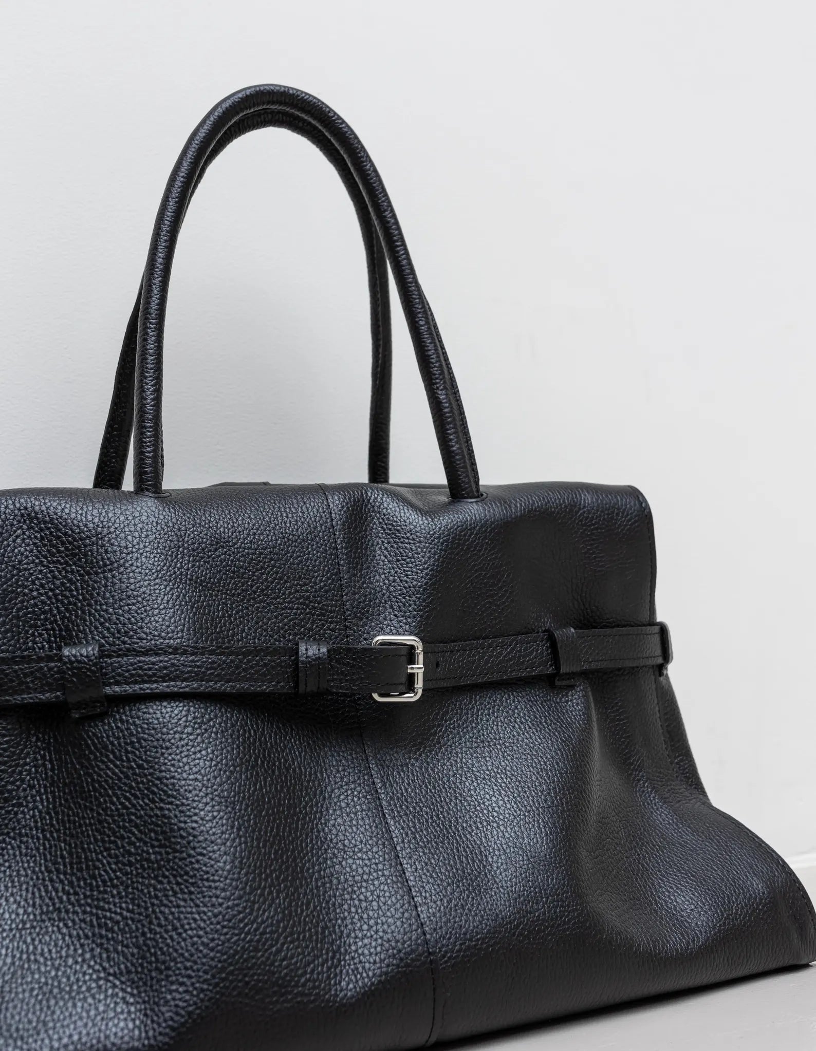Large Genuine Leather Belt Detail Convertible Work Tote Bag