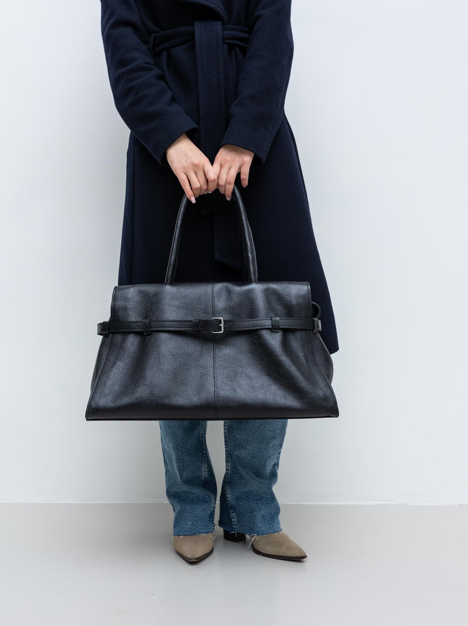 Large Genuine Leather Belt Detail Convertible Work Tote Bag