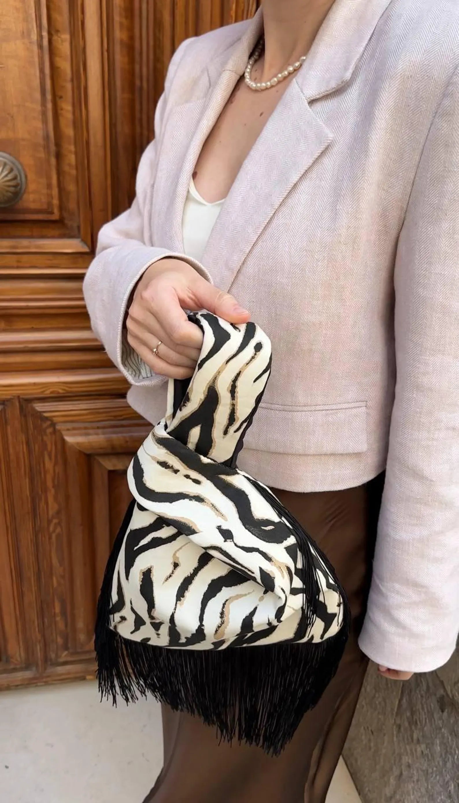 Zebra Print Knotted Wrist Fringe Party Bag