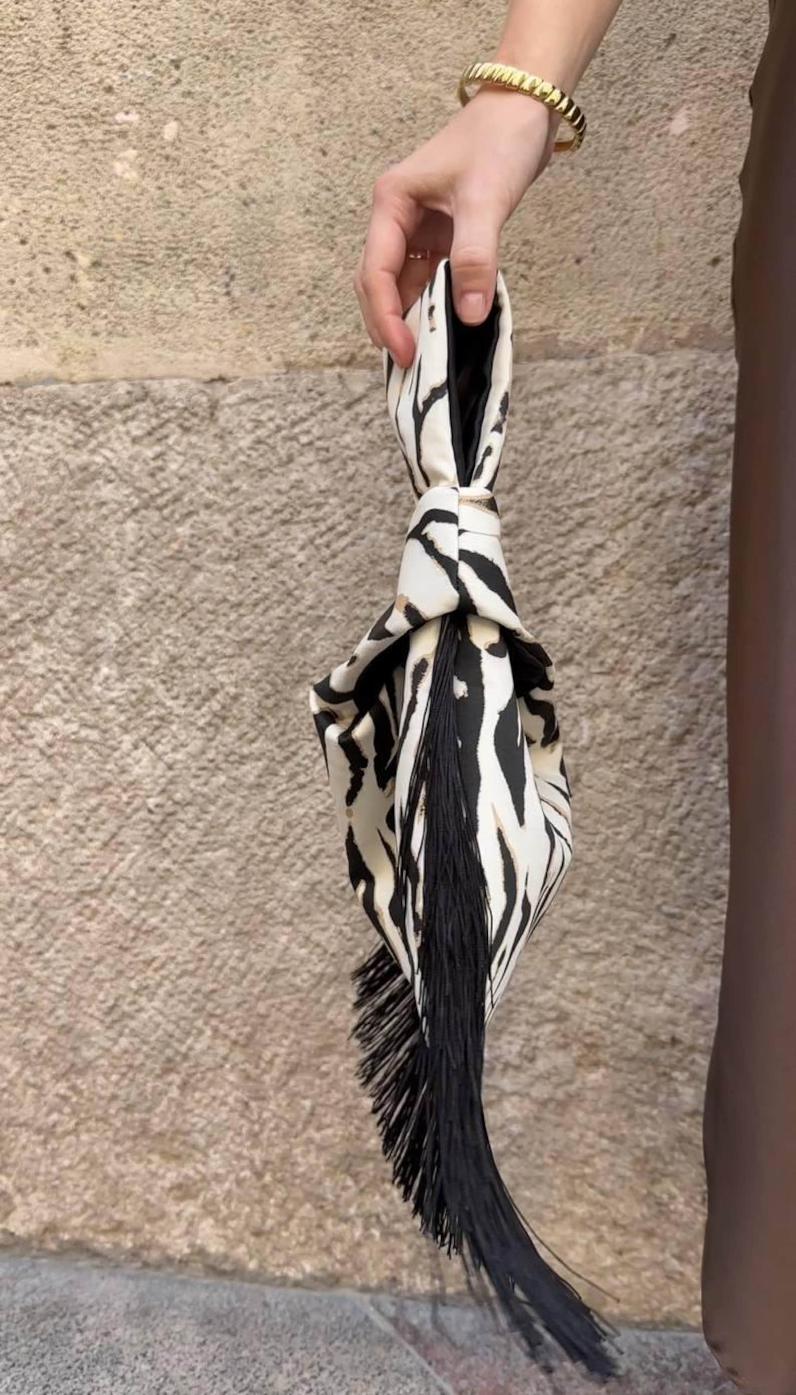 Zebra Print Knotted Wrist Fringe Party Bag