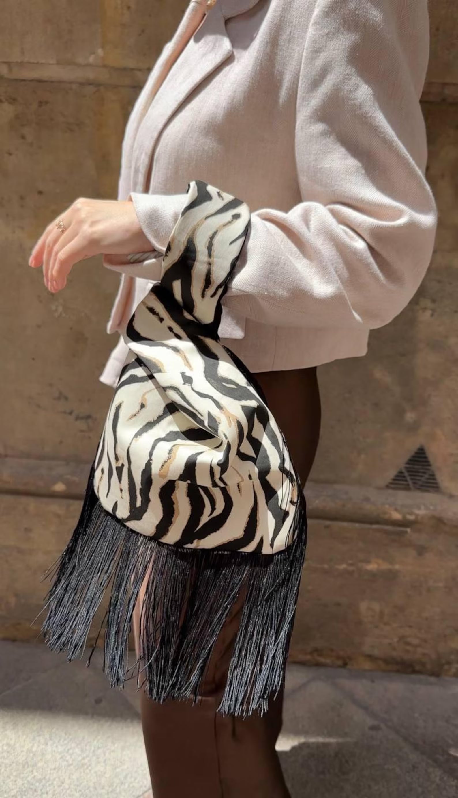 Zebra Print Knotted Wrist Fringe Party Bag