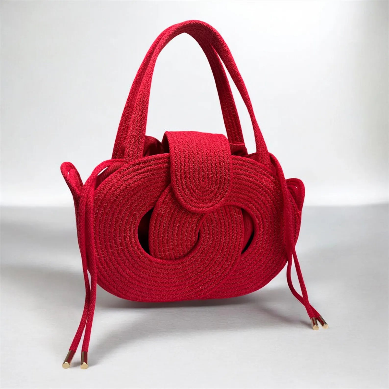Bright Red Knotted Woven Top Handle Daily Handbag