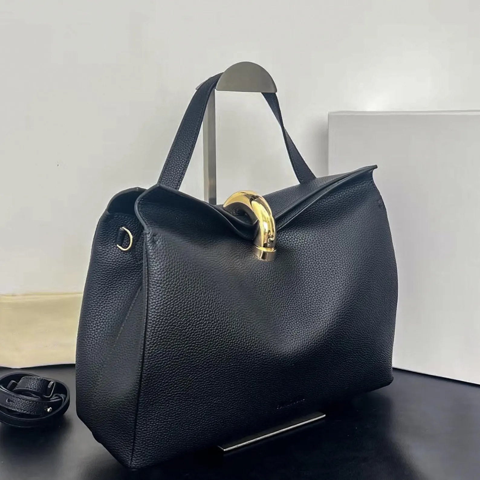 Genuine Leather Gold Buckle Convertible Shoulder Tote Bag