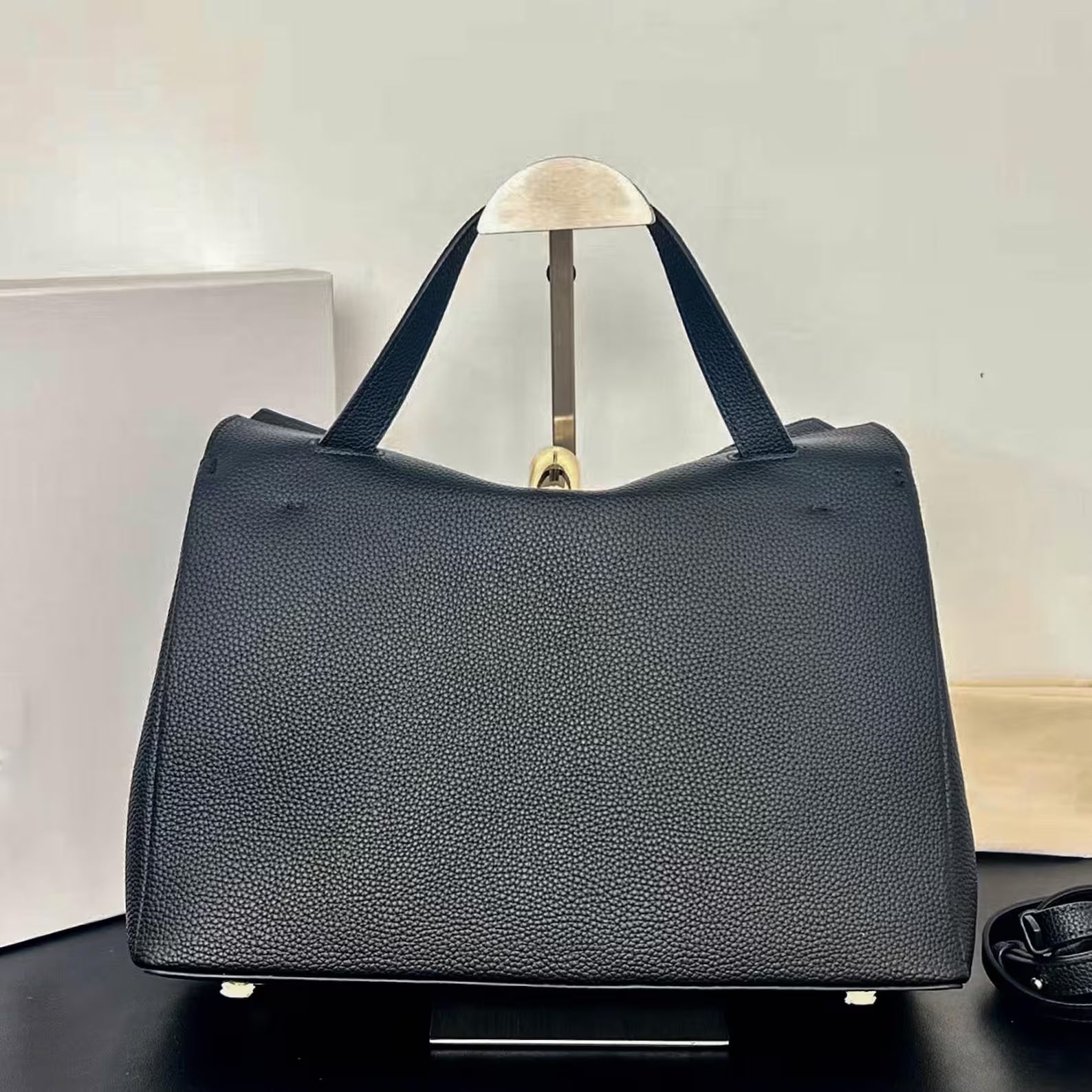 Genuine Leather Gold Buckle Convertible Shoulder Tote Bag
