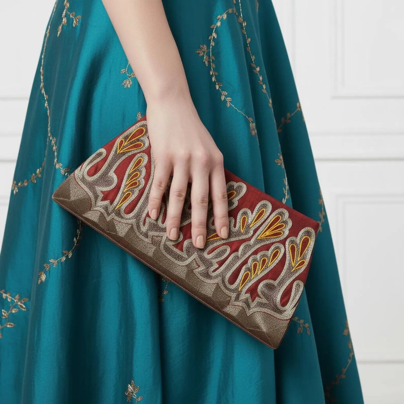 Maroon Velvet Zardozi Embroidered Evening Clutch Bag