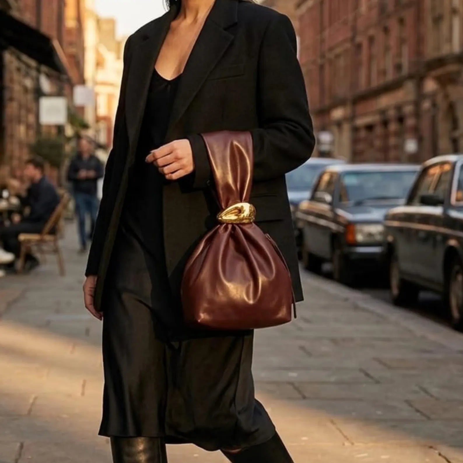 Soft Leather Gold Hardware Drawstring Wrist Bucket Bag
