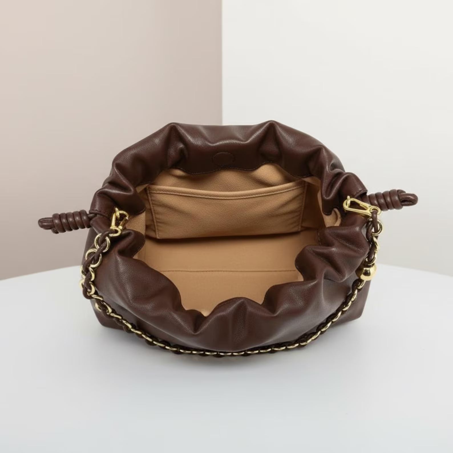 Genuine Leather Gathered Drawstring Cloud Shoulder Bag