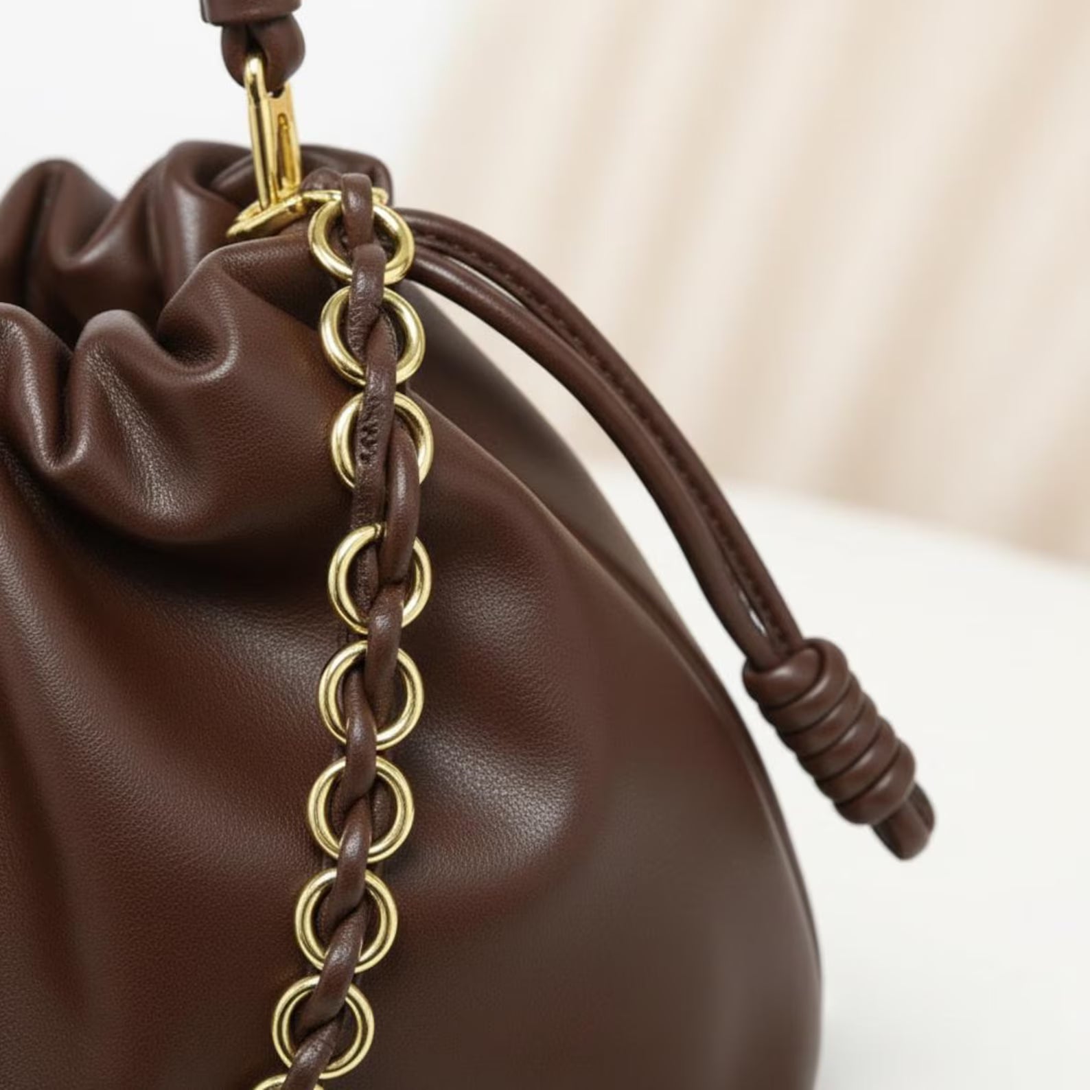 Genuine Leather Gathered Drawstring Cloud Shoulder Bag