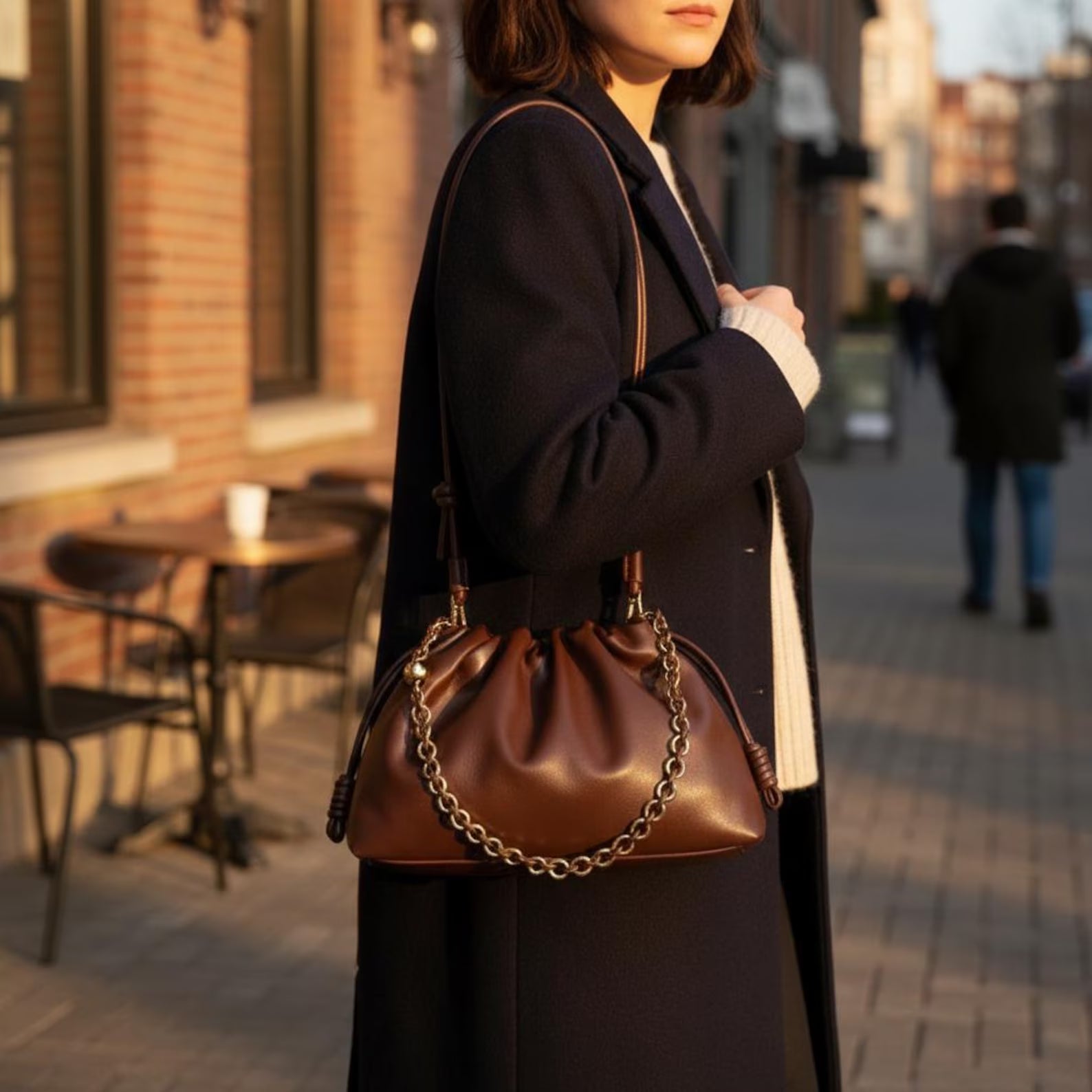 Genuine Leather Gathered Drawstring Cloud Shoulder Bag