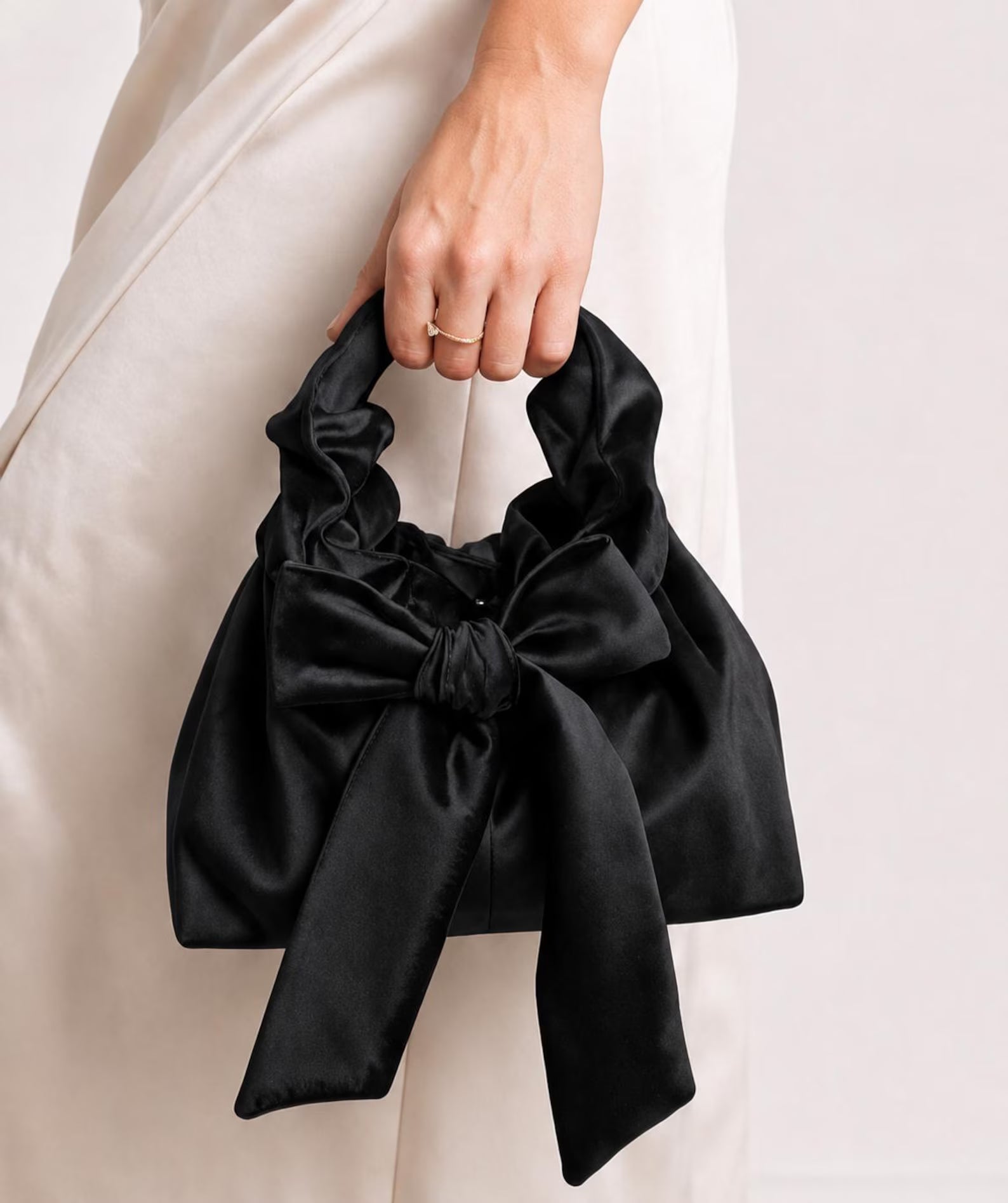 Black Satin Big Bow Drawstring Mini Evening Handbag
