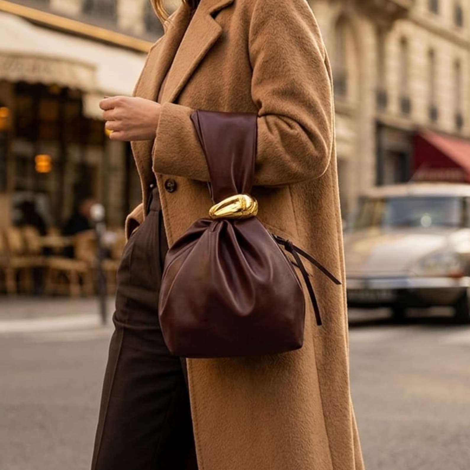 Soft Leather Gold Hardware Drawstring Wrist Bucket Bag