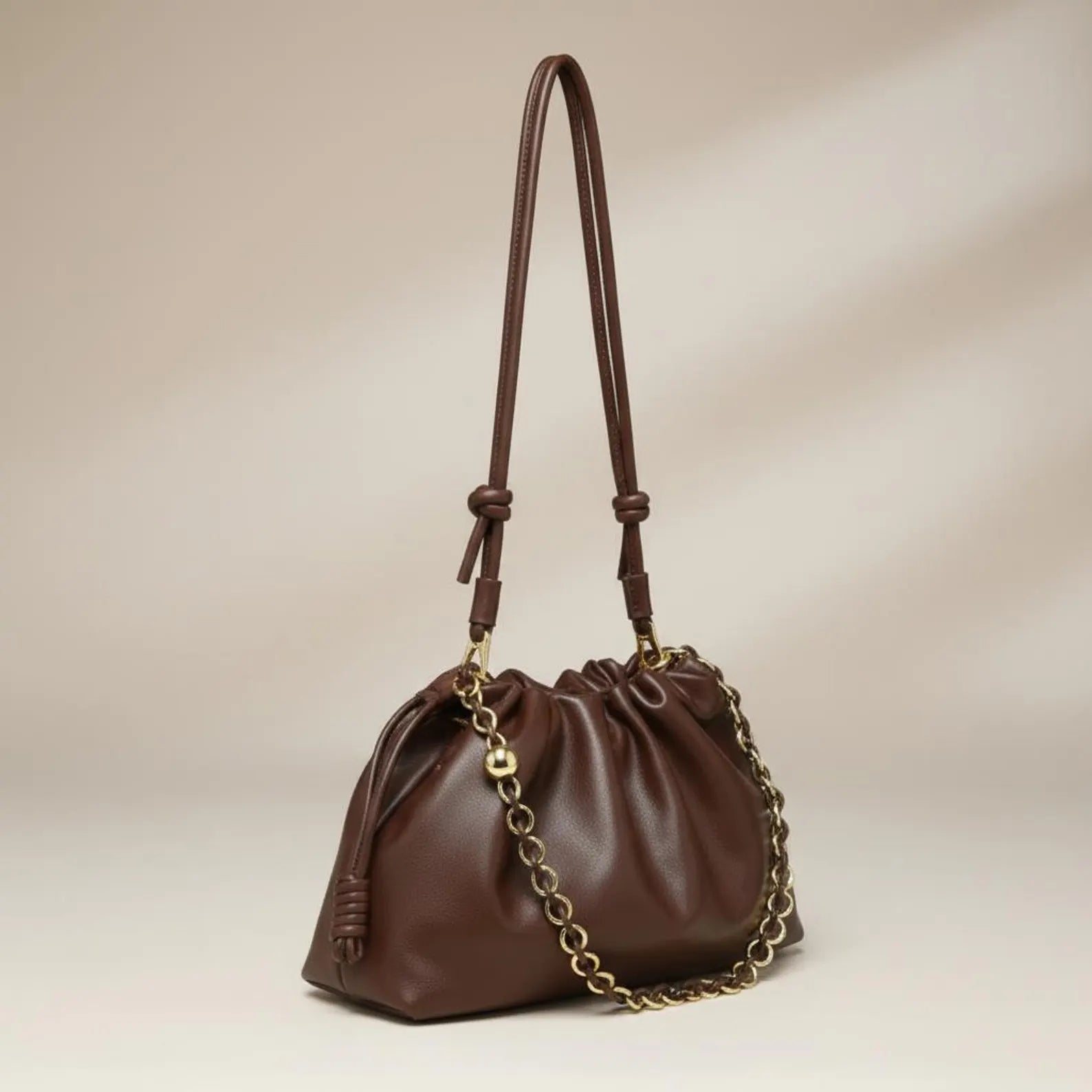 Genuine Leather Gathered Drawstring Cloud Shoulder Bag