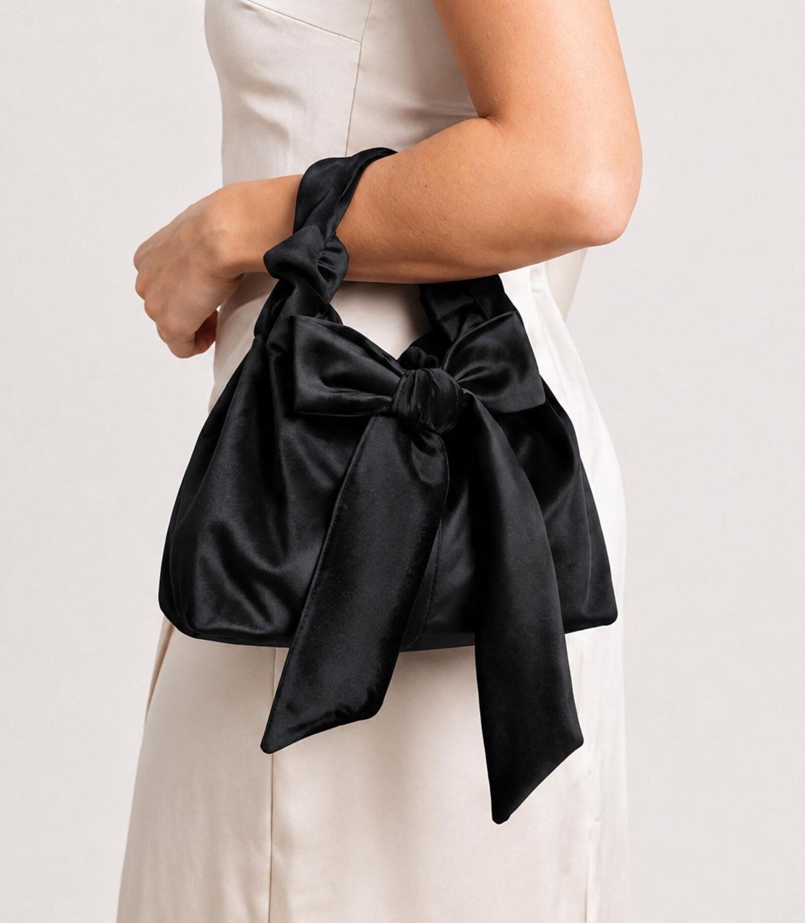 Black Satin Big Bow Drawstring Mini Evening Handbag