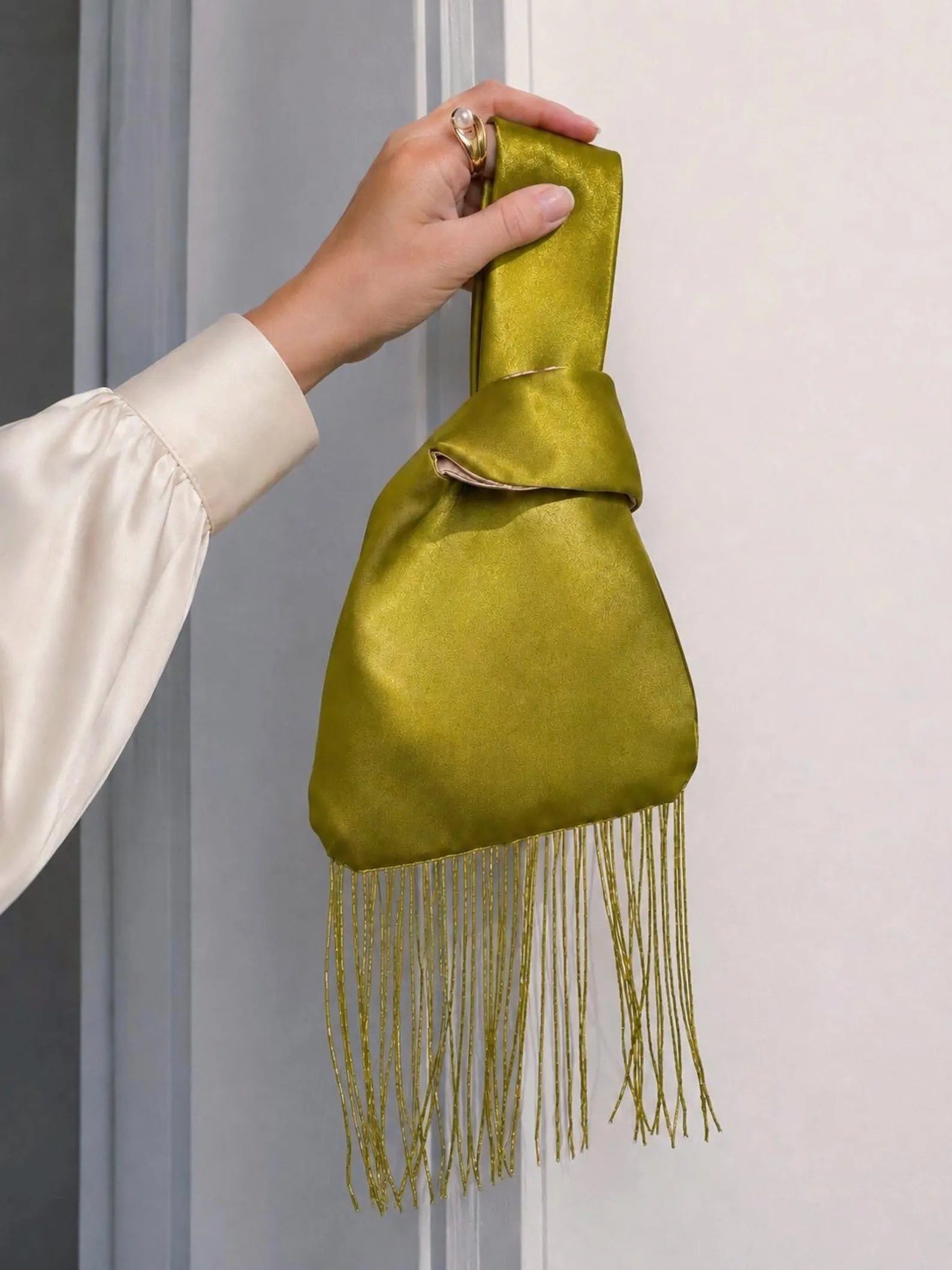 Olive Green Satin Knotted Wrist Bag with Beaded Fringe